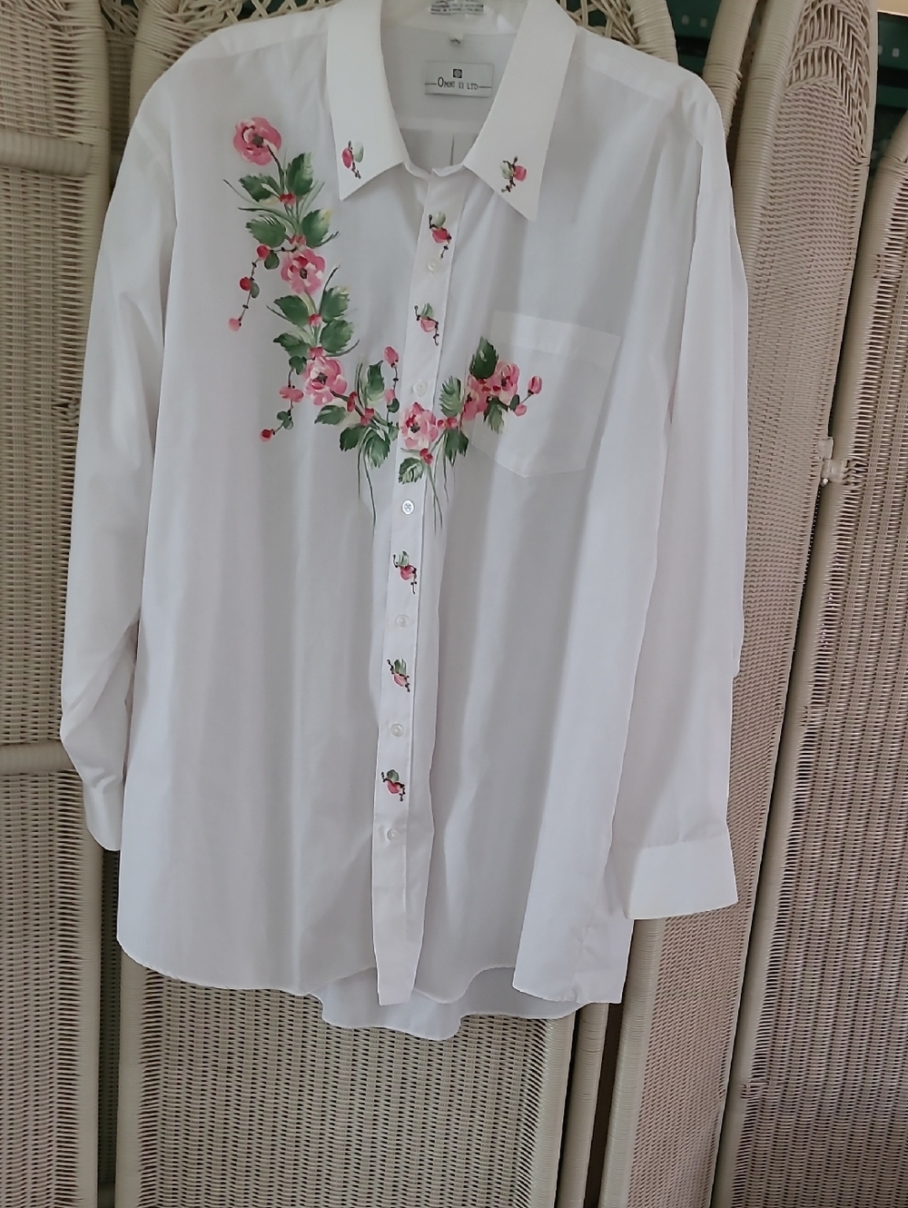 White Button-Down Shirt with Pink Floral Embroidery